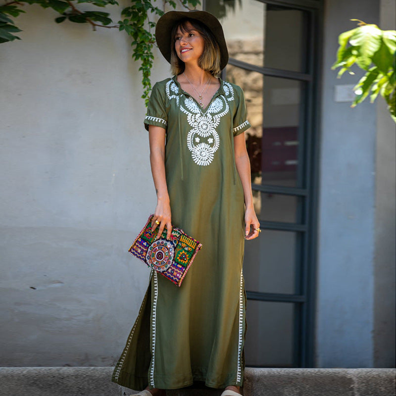 Rayon Army Green Short Sleeve Embroidered Beach Jacket Vacation Robe Beach Cover Up Outer Wear Dress Women Bella Mia